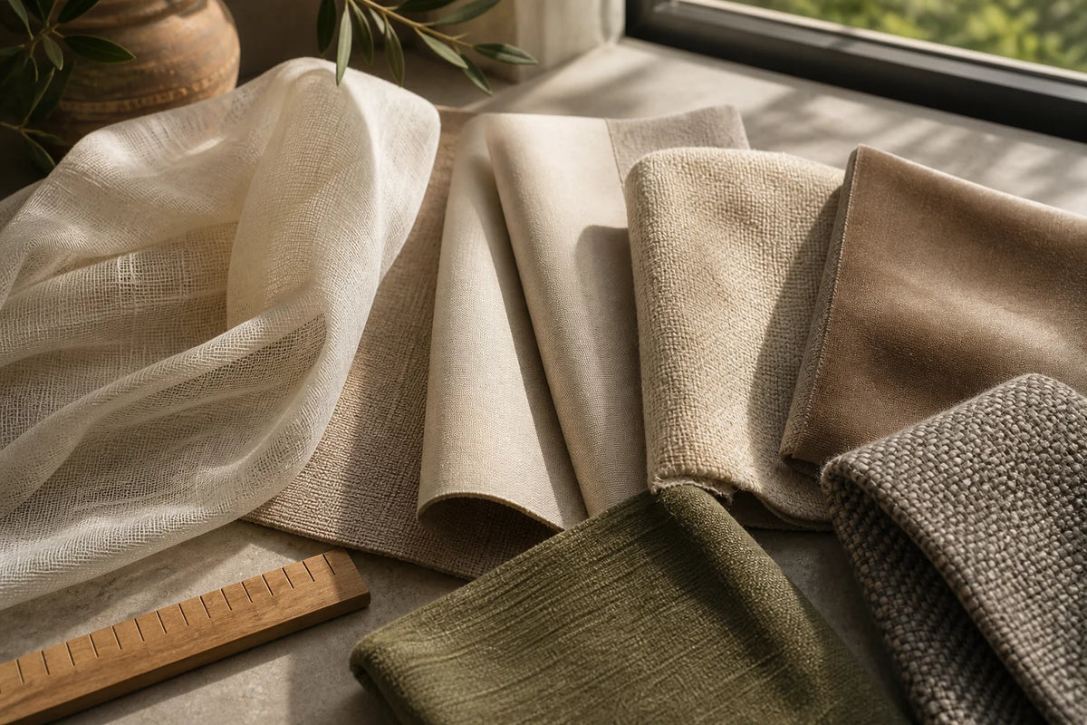 A curated range of sheer, linen-look, textured, velvet, and woven curtain fabrics in natural light