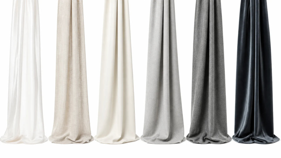 Six curtain fabrics arranged from airy and lightweight to dense and heavyweight