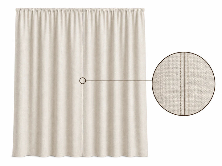 Wide curtain panel with a vertical center seam and a magnified stitching detail