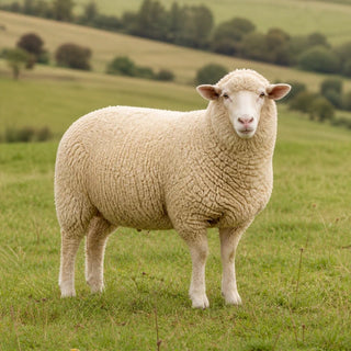 Cream-white sheep in a pasture showing natural wool fleece