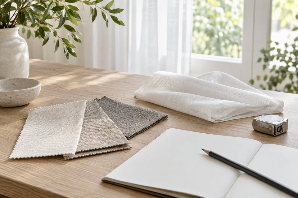 Illustrative planning scene with fabric swatches, notebook and measuring tape