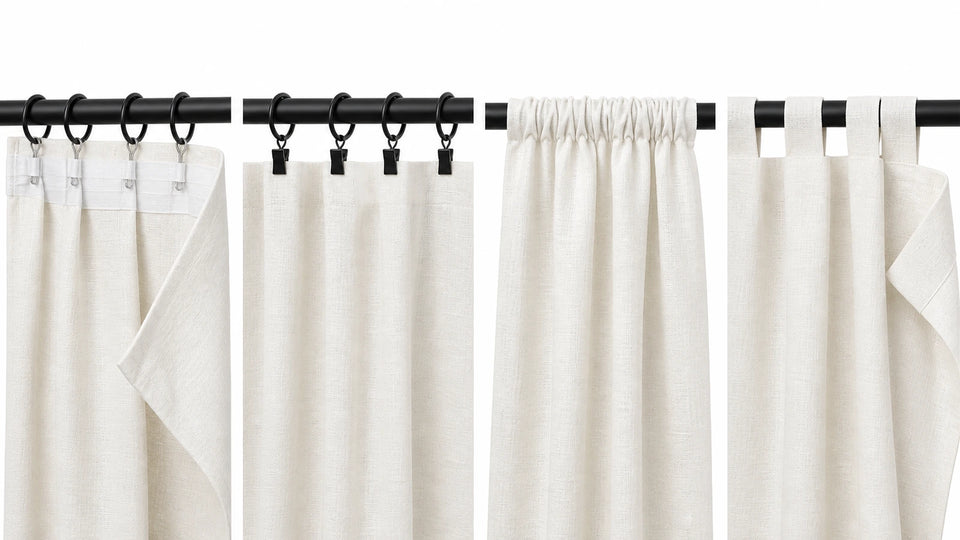 Hook Belt, Clip Ring, Rod Pocket, and Back Tab hanging methods compared side by side