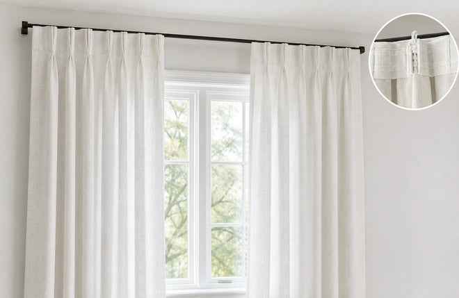 French Pleat curtains shown across a window