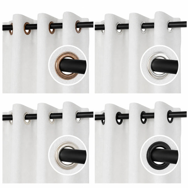 Four grommet finishes shown on white linen curtains as a visual construction reference