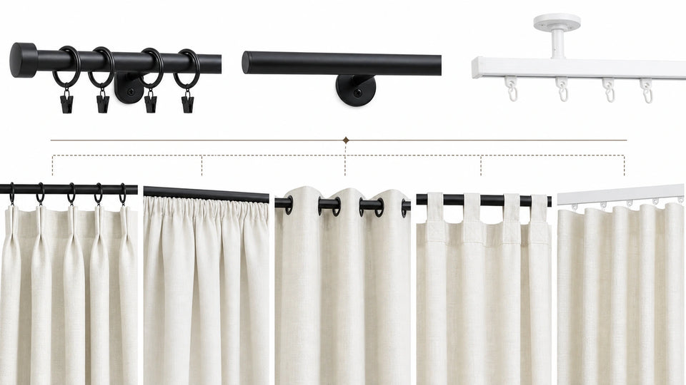 Visual overview comparing pleated, rod-pocket, grommet, tab-top, and ripple-fold headers with rods, rings, and tracks