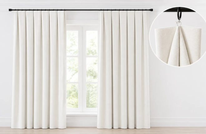 Inverted Box Pleat curtains shown across a window