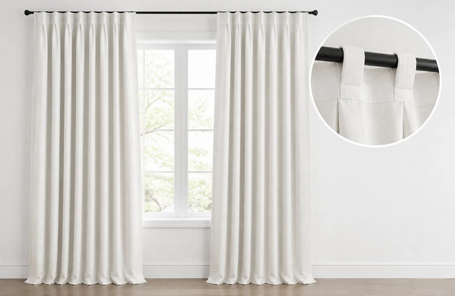 Pinch Pleat with Back Tab curtains shown across a window