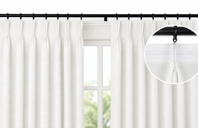 Pinch Pleat curtains shown across a window