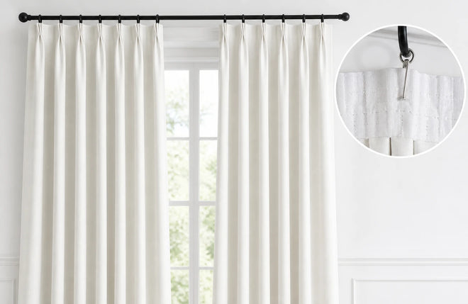 Tailor Pleat curtains shown across a window