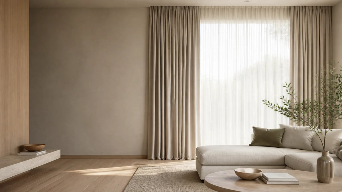Finished curtains in a bright living room showing fabric drape in everyday use