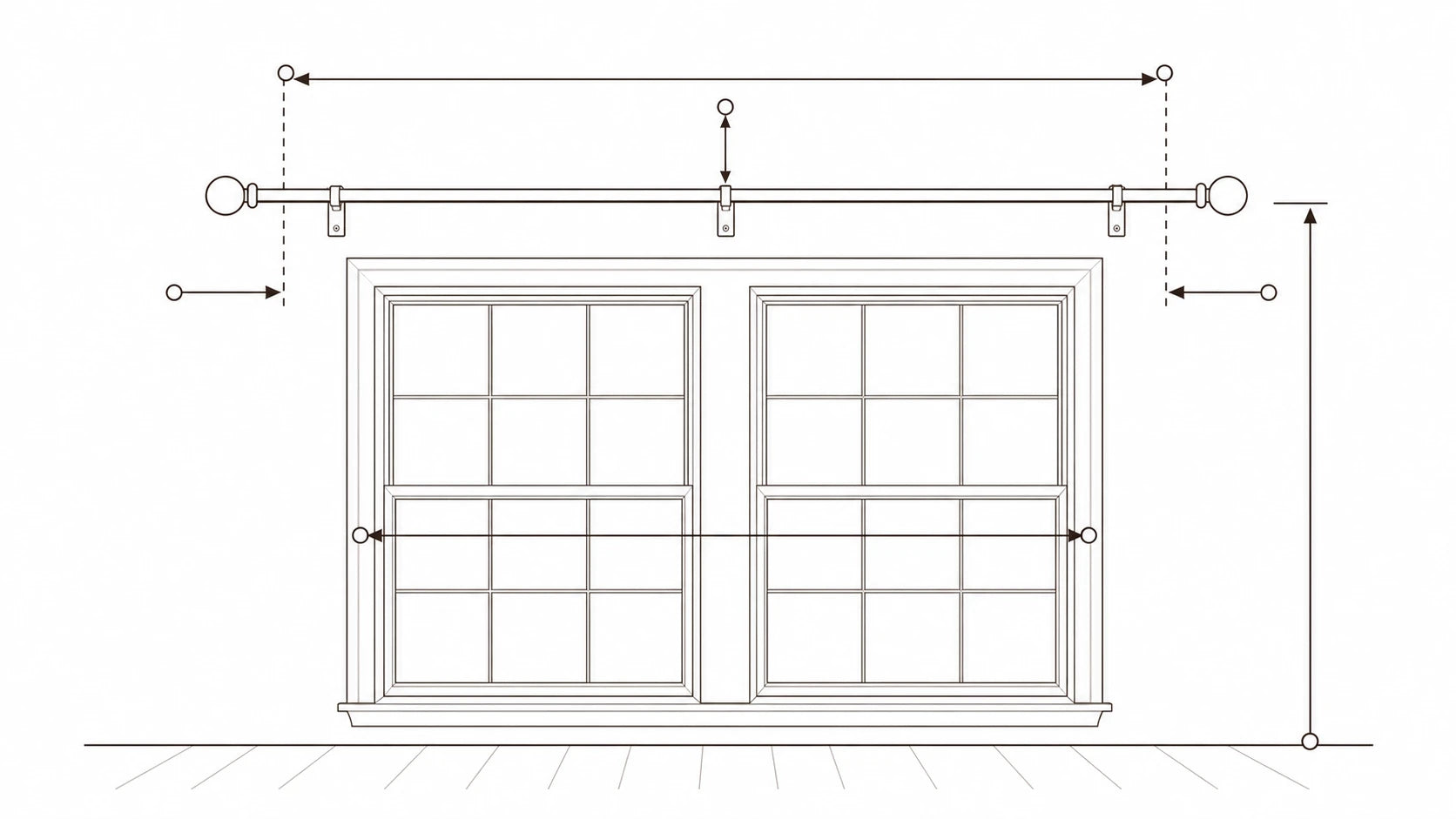 Drapery measuring diagram showing rod or track width, mounting height, window width, and side extension
