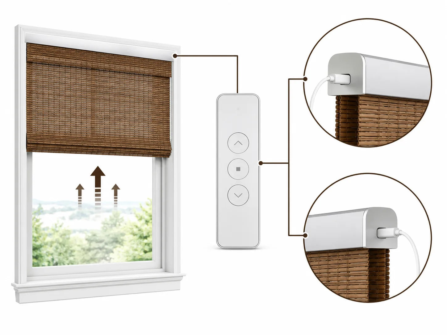 Motorized woven shade with remote control and product-specific charging connection details