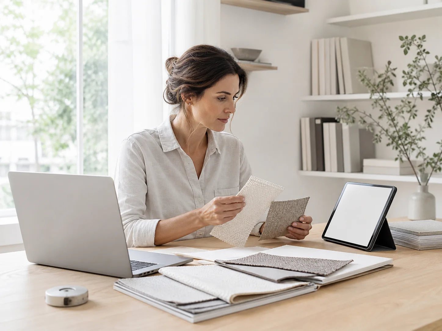 Partner reviewing curtain materials and room notes near a window