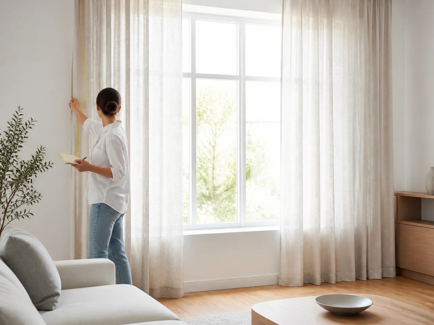 Creator measuring curtains in a bright, finished living room