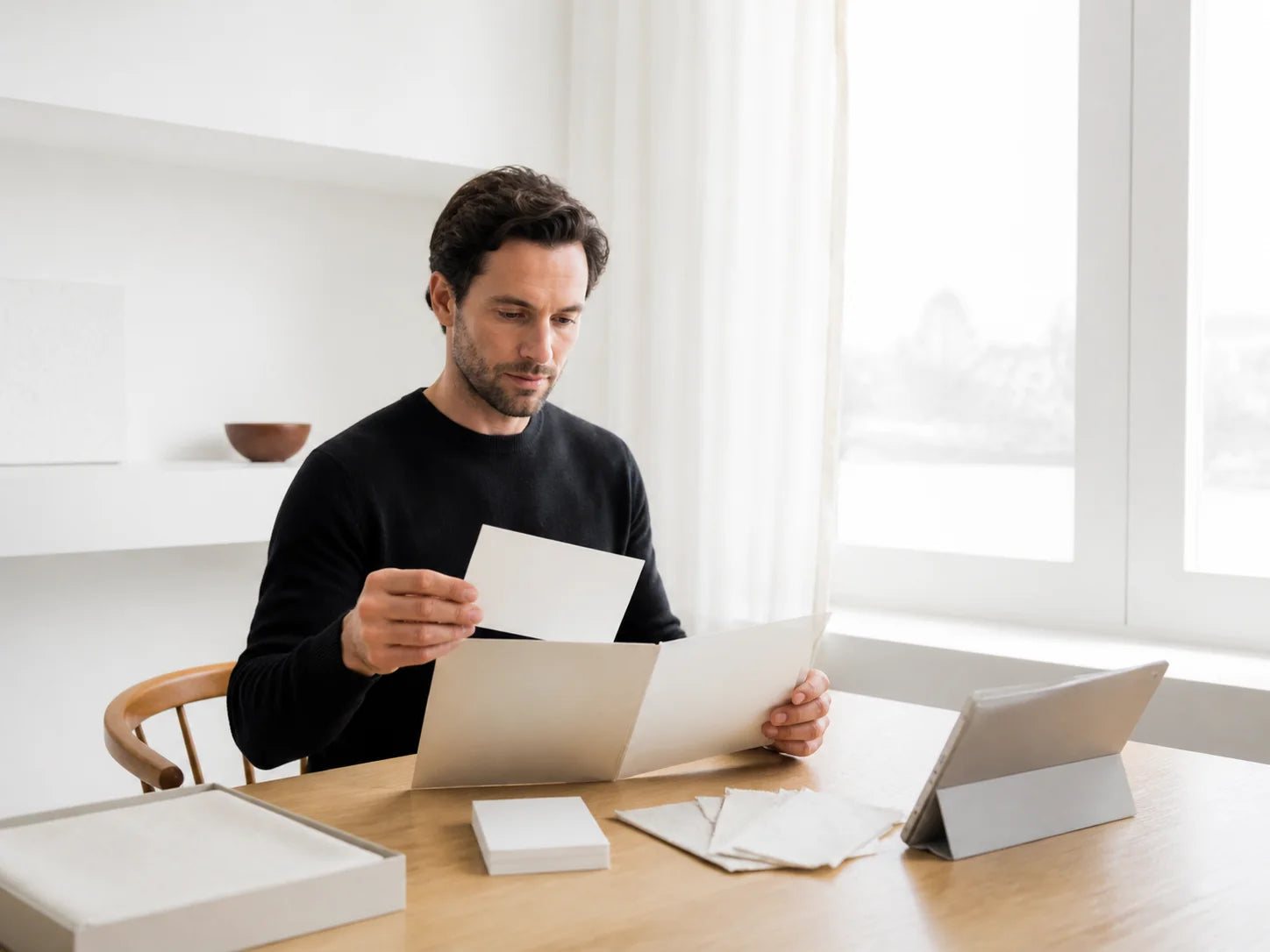 Selected partner reviewing next-step materials beside a bright window