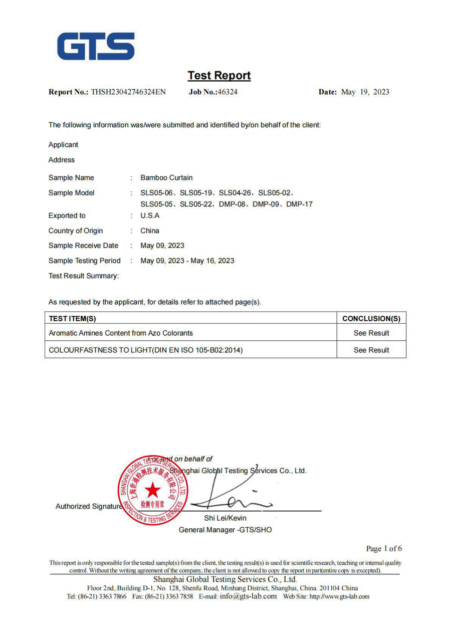 First page of GTS test report THSH23042746324EN for woven bamboo shade materials